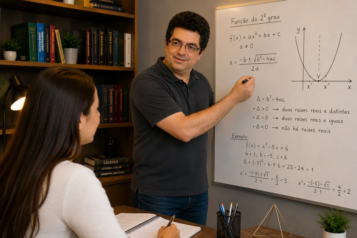 Professor Márcio explicando função do 2º grau na lousa para uma aluna